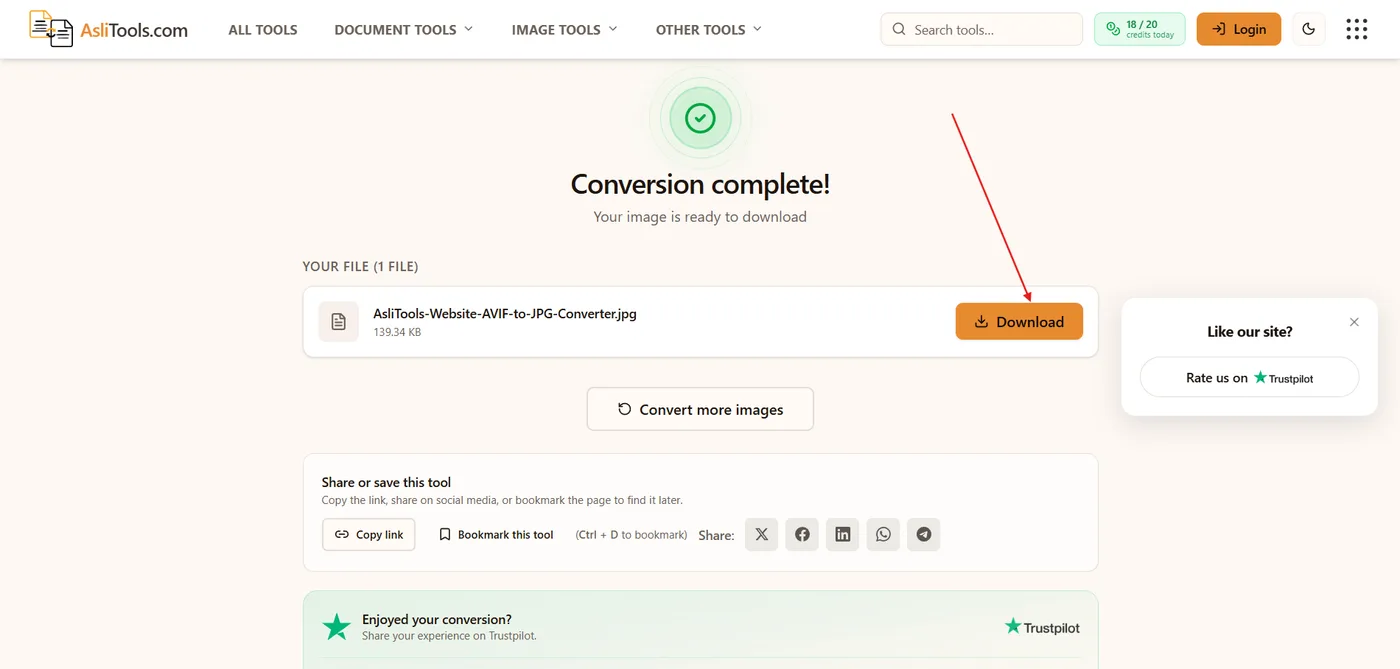Completed AVIF to JPG conversion ready to download on Asli Tools