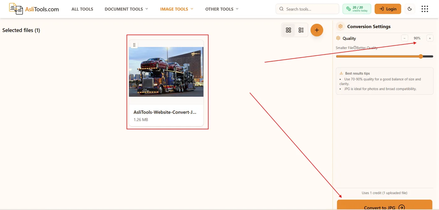 JPG quality slider and conversion settings on the Asli Tools AVIF to JPG converter