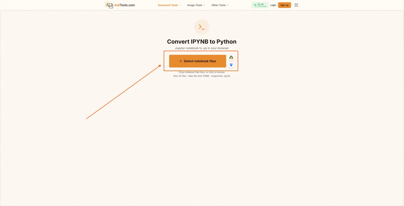 Upload your Jupyter notebook files to the AsliTools IPYNB to Python converter