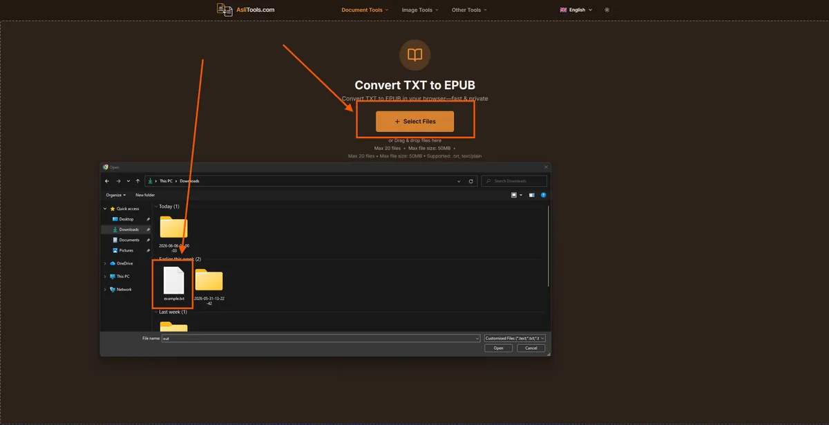 Select a TXT file to upload for EPUB conversion