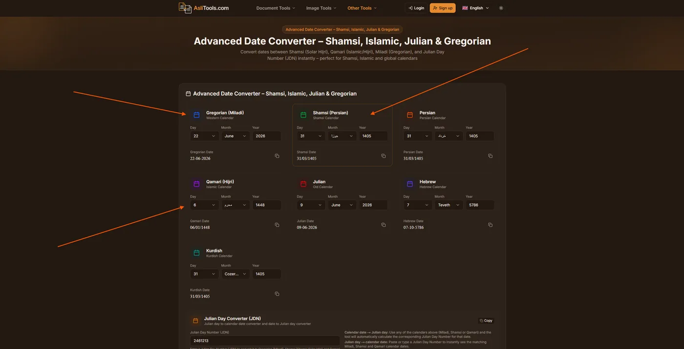 Asli Tools multi-calendar date converter showing Gregorian, Shamsi, and Qamari dates side by side