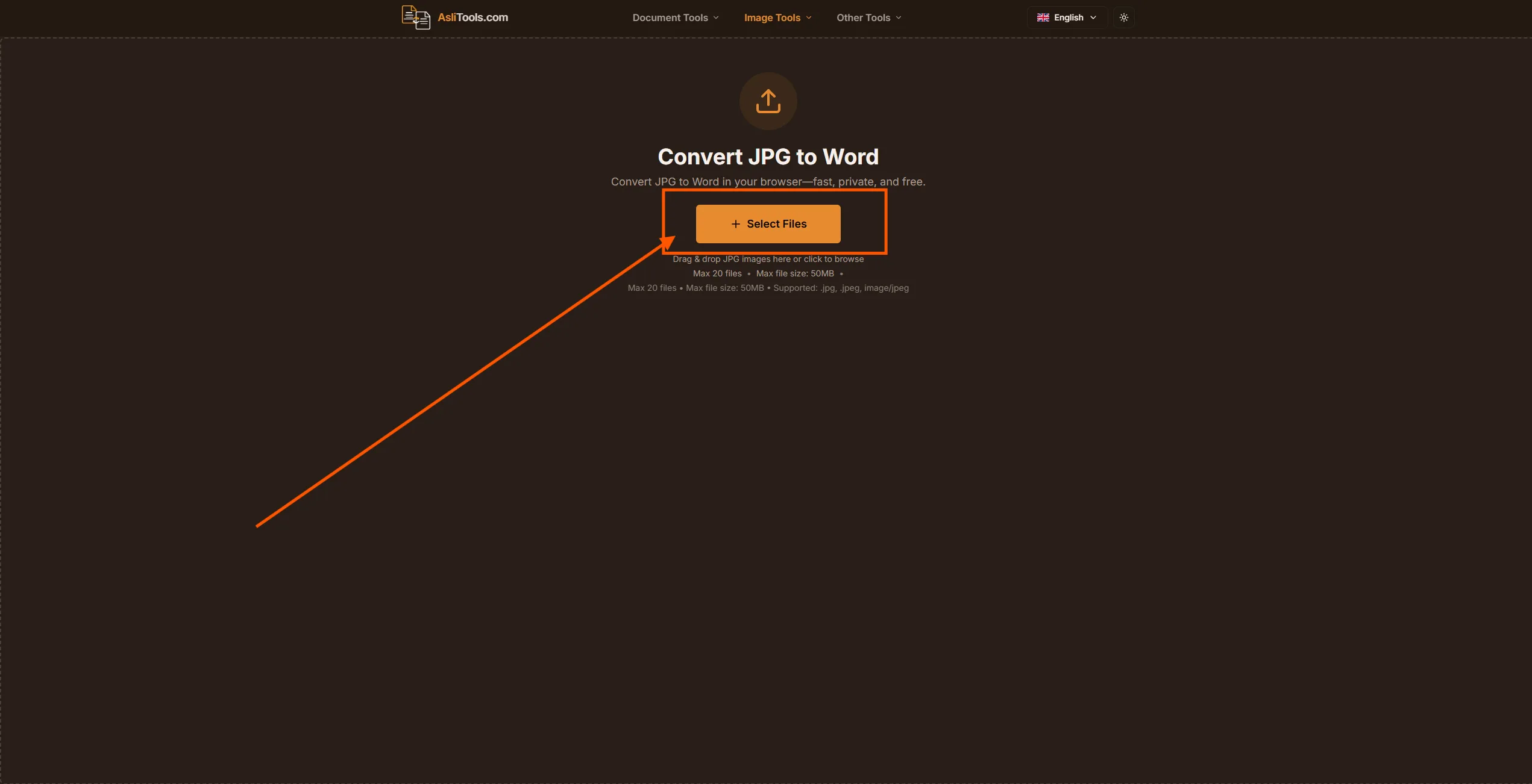 Asli Tools JPG to Word converter upload screen for creating editable DOCX files from images