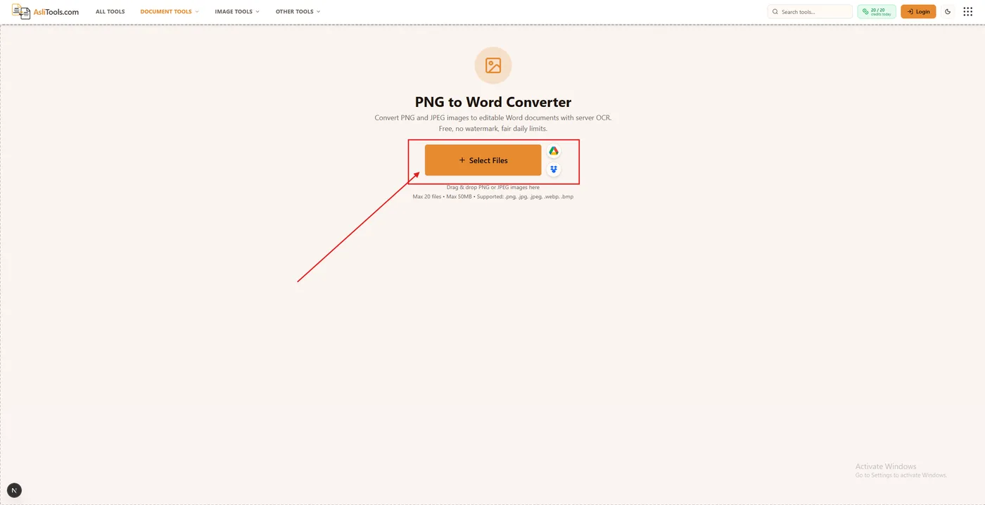 Upload a PNG image to convert to Word