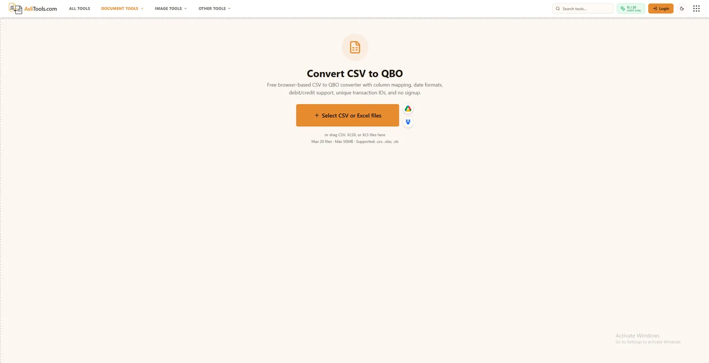 Convert CSV to QBO on Asli Tools when you need a QuickBooks Web Connect file