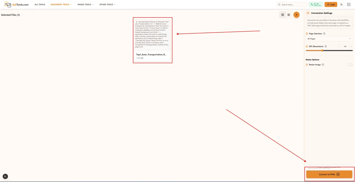 Conversion settings for Word to PNG including pages and DPI