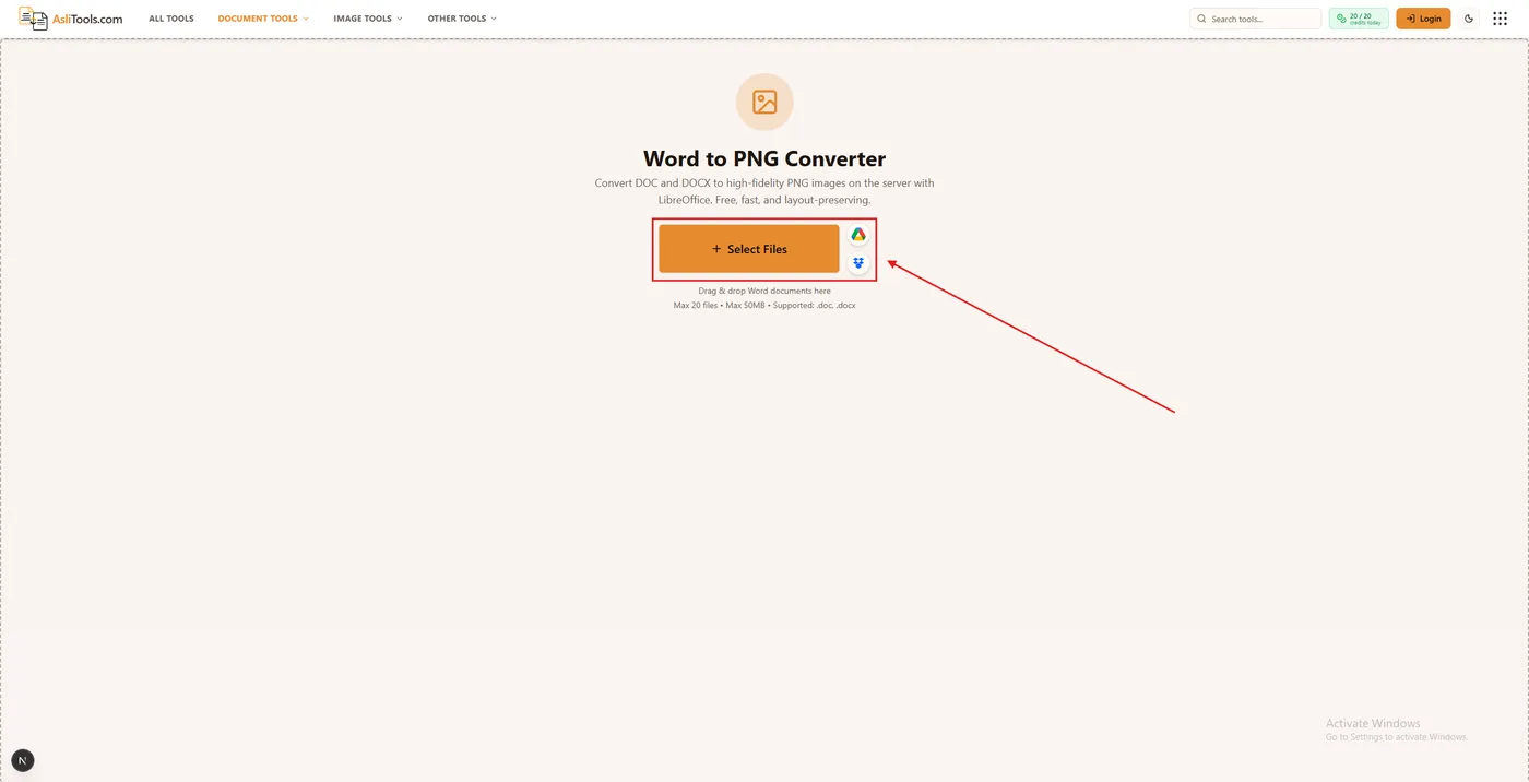 Upload screen for converting a Word document to PNG