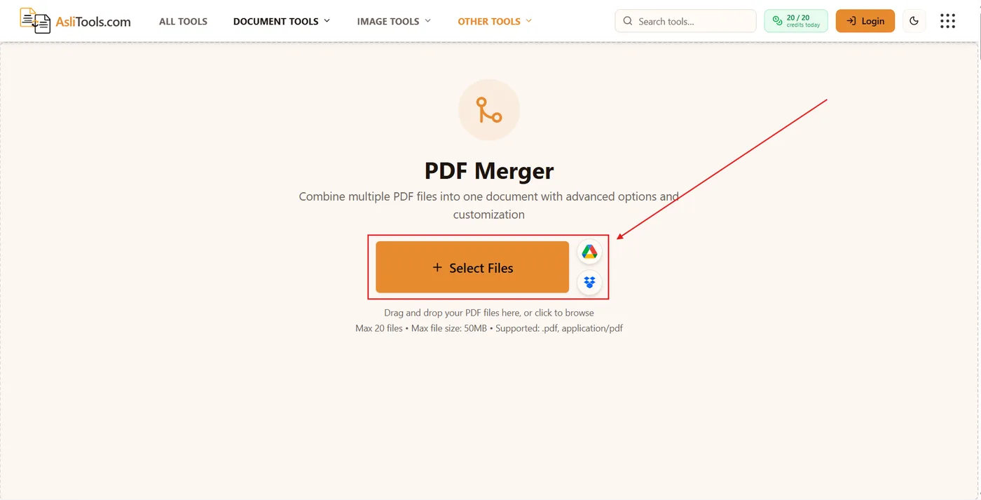 Asli Tools PDF Merger — select PDF files to combine online