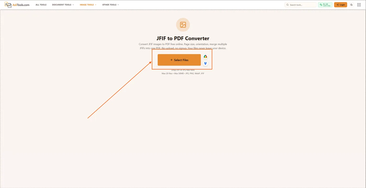Selecting a JFIF file to upload on Asli Tools JFIF to PDF converter