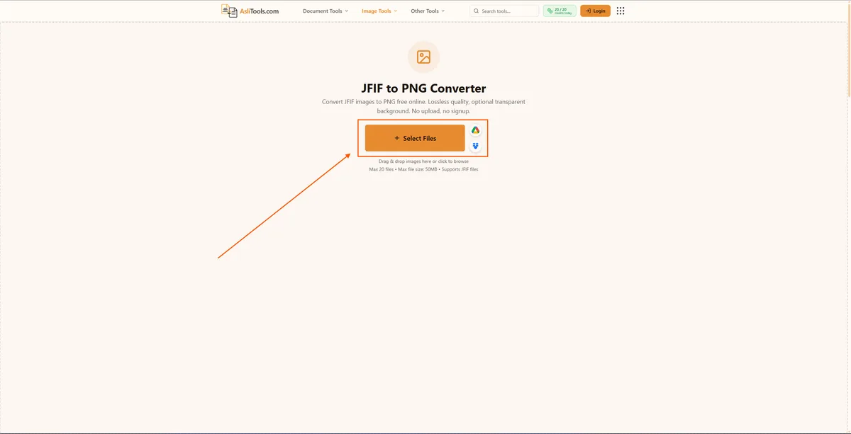 AsliTools free JFIF to PNG converter for turning Windows JFIF photos into PNG files in the browser