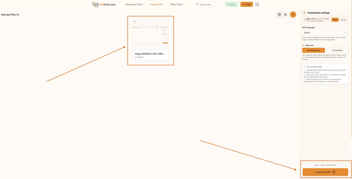 Upload JPG files to the Asli Tools JPG to PPT converter