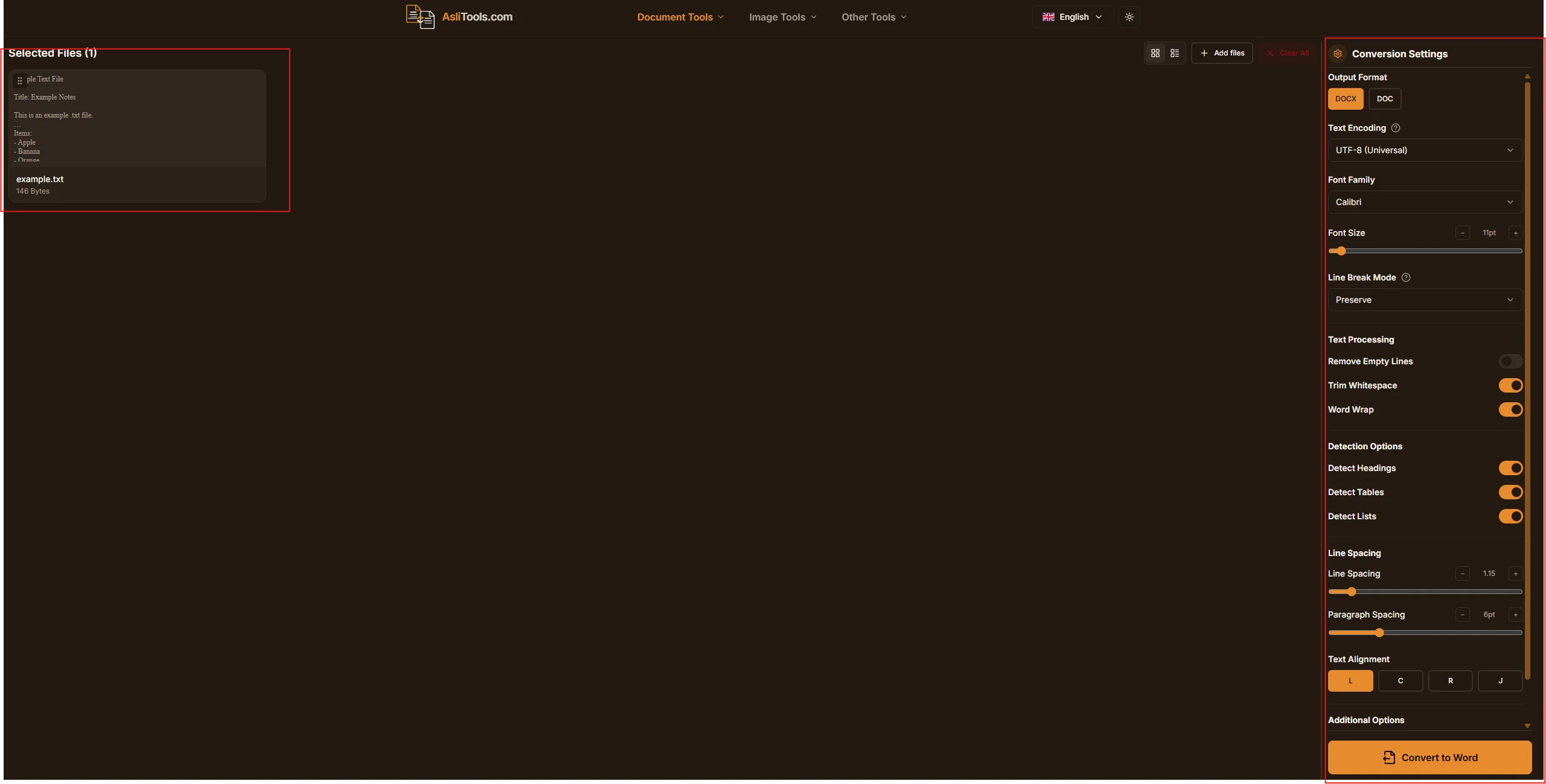 Convert the plain text file into an editable Word document