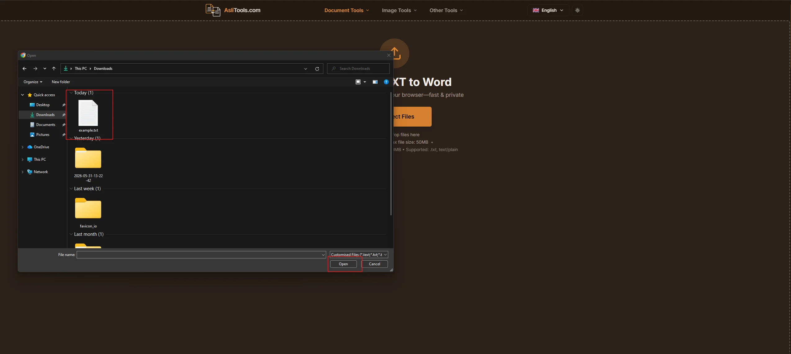 Upload your TXT file to the Asli Tools converter