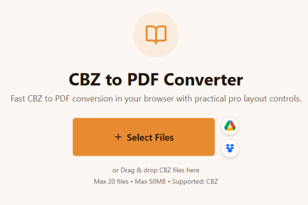 Выбор CBZ-файлов в области загрузки конвертера CBZ в PDF