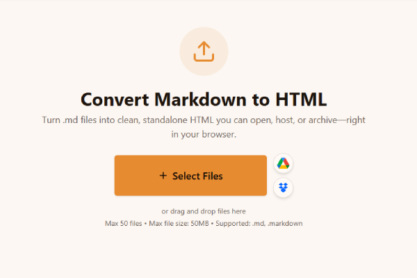 在 Markdown 转 HTML 转换器上传区域选择 Markdown 文件