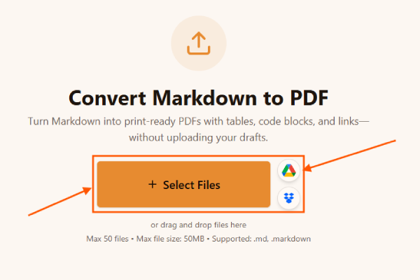 Markdown-Dateien im Upload-Bereich des Markdown-zu-PDF-Konverters auswählen