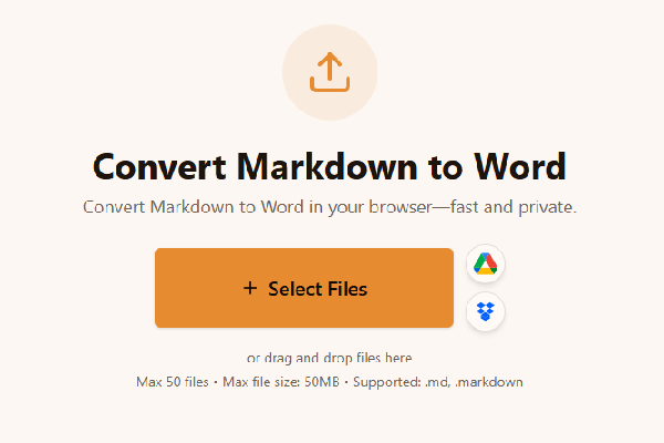 Selecting Markdown files in the Markdown to Word converter upload area