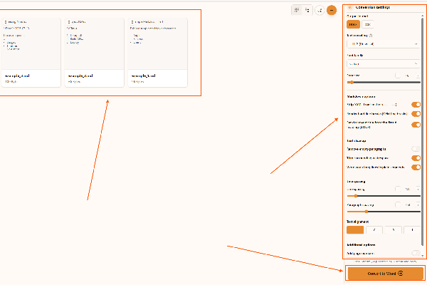 Choosing DOCX output format and Markdown conversion settings in the Markdown to Word converter